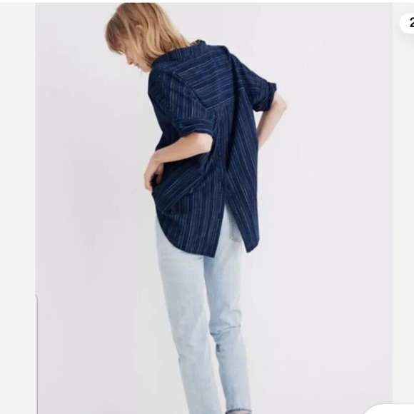 Madewell Courier Button Back Shirt in Cecile Stripe Blue - Picture 2 of 5